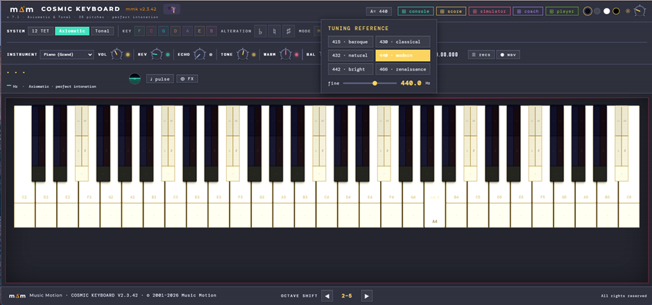 El Cosmic Keyboard con el popup Tuning Reference abierto: botones 415 baroque, 430 classical, 432 natural, 440 modern, 442 bright, 466 renaissance y el deslizador fine en 440.0 Hz