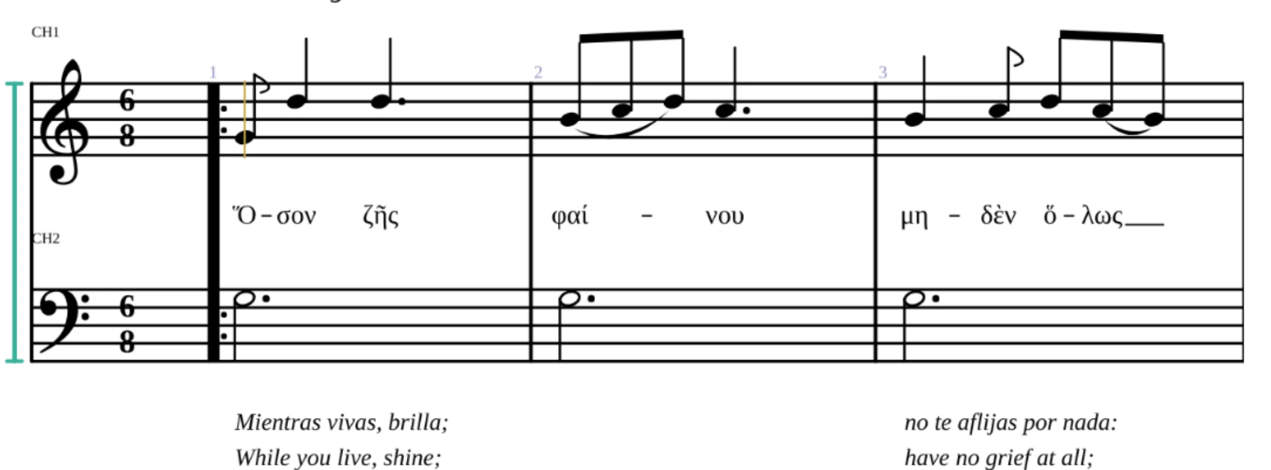 El Seikilos en la hoja, con la traducción en castellano y en inglés debajo del sistema