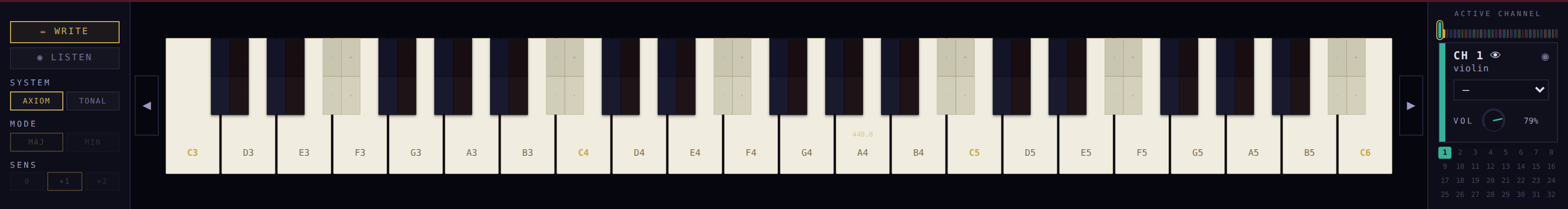 El teclado del Score: zona izquierda con WRITE/LISTEN, System, Mode y Sens; las teclas al centro; la ficha del canal activo a la derecha
