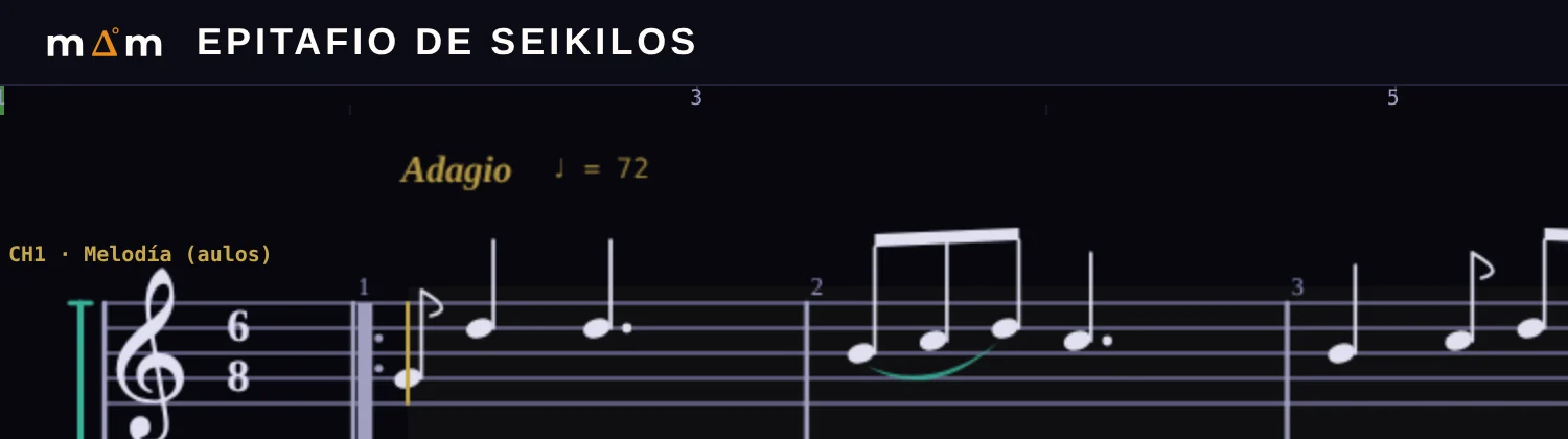 El Score en modo demo: la partitura del Seikilos y la barra de transporte, sin barras de edición