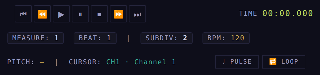 La barra del transporte del Score: los botones de transporte, TIME, los chips MEASURE, BEAT, SUBDIV y BPM, los displays PITCH y CURSOR, y los botones PULSE y LOOP