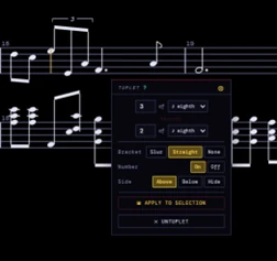 El popup TUPLET, abierto desde la fila ³ TUPLET del editor de nota